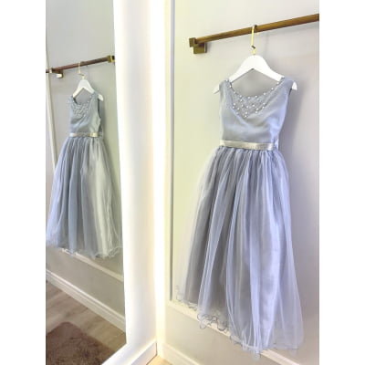 Vestido Infantil Damas de Honra Longo Prata Pérolas