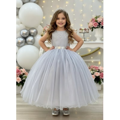 Vestido Infantil Damas de Honra Longo Prata Pérolas
