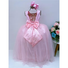 Vestido Infantil Damas de Honra Longo Rosa Pérolas Luxo