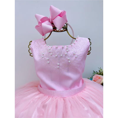 Vestido Infantil Damas de Honra Longo Rosa Pérolas Luxo