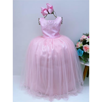 Vestido Infantil Damas de Honra Longo Rosa Pérolas Luxo Vestido Infantil Damas de Honra Longo Rosa Pérolas Luxo