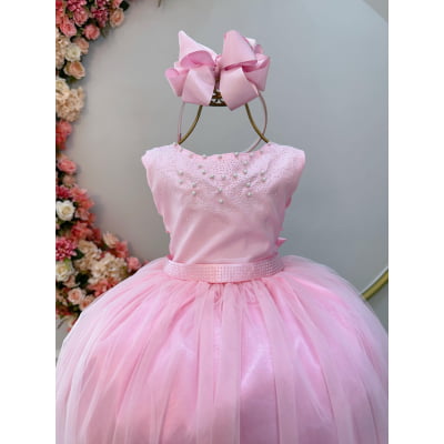 Vestido Infantil Damas de Honra Longo Rosa Strass e Pérolas