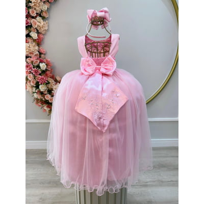 Vestido Infantil Damas de Honra Longo Rosa Strass e Pérolas