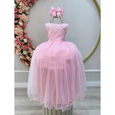 Vestido Infantil Damas de Honra Longo Rosa Strass e Pérolas