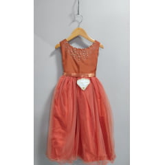 Vestido Infantil Damas de Honra Longo Terracota Strass Pérolas