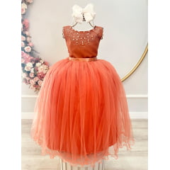 Vestido Infantil Damas de Honra Longo Terracota Strass Pérolas