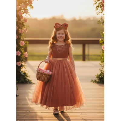 Vestido Infantil Damas de Honra Longo Terracota Strass Pérolas Vestido Infantil Damas de Honra Longo Terracota Strass Pérolas