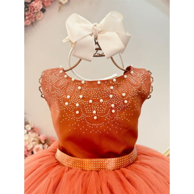 Vestido Infantil Damas de Honra Longo Terracota Strass Pérolas