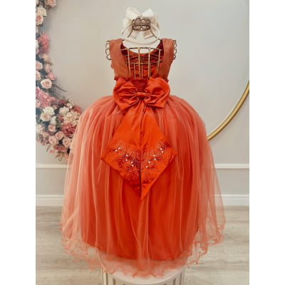 Vestido Infantil Damas de Honra Longo Terracota Strass Pérolas