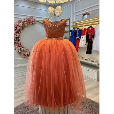 Vestido Infantil Damas de Honra Longo Terracota Strass Pérolas