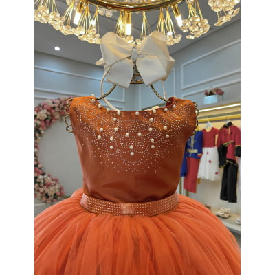 Vestido Infantil Damas de Honra Longo Terracota Strass Pérolas