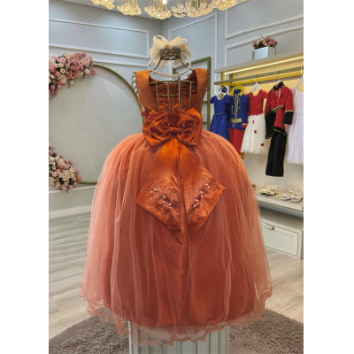 Vestido Infantil Damas de Honra Longo Terracota Strass Pérolas
