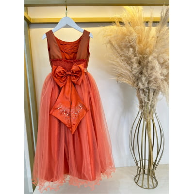 Vestido Infantil Damas de Honra Longo Terracota Strass Pérolas