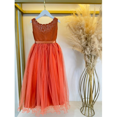 Vestido Infantil Damas de Honra Longo Terracota Strass Pérolas