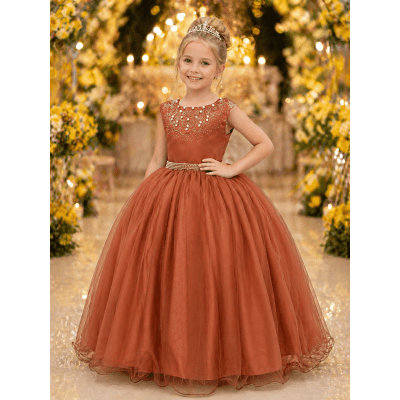 Vestido Infantil Damas de Honra Longo Terracota Strass Pérolas