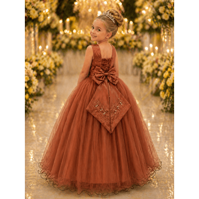 Vestido Infantil Damas de Honra Longo Terracota Strass Pérolas