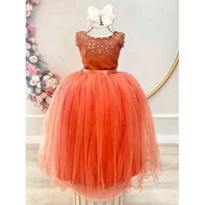 Vestido Infantil Damas de Honra Longo Terracota Strass Pérolas