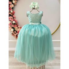 Vestido Infantil Damas de Honra Longo Verde Menta Strass