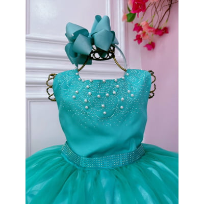 Vestido Infantil Damas de Honra Longo Verde Pérolas Luxo
