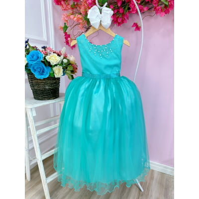 Vestido Infantil Damas de Honra Longo Verde Pérolas Luxo