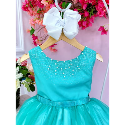 Vestido Infantil Damas de Honra Longo Verde Pérolas Luxo