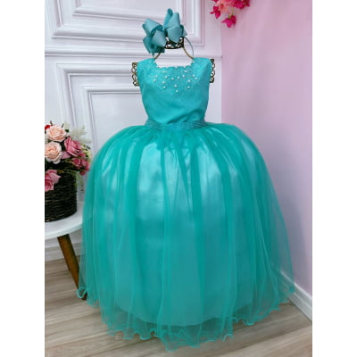 Vestido Infantil Damas de Honra Longo Verde Pérolas Luxo