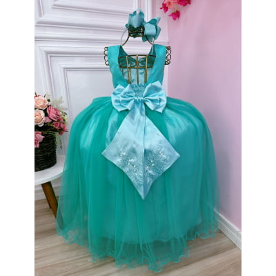 Vestido Infantil Damas de Honra Longo Verde Pérolas Luxo