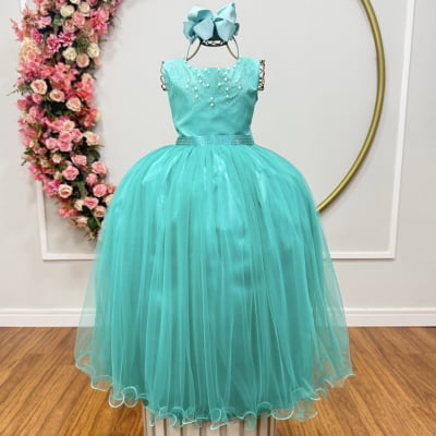 Vestido Infantil Damas de Honra Longo Verde Pérolas Luxo