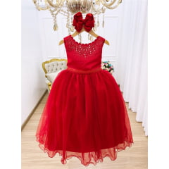 Vestido Infantil Damas de Honra Longo Vermelho C/ Pérolas