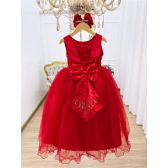 Vestido Infantil Damas de Honra Longo Vermelho C/ Pérolas
