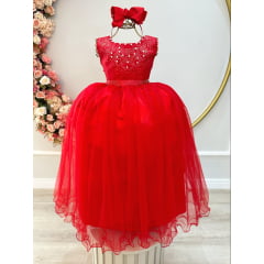 Vestido Infantil Damas de Honra Longo Vermelho C/ Pérolas