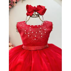 Vestido Infantil Damas de Honra Longo Vermelho C/ Pérolas