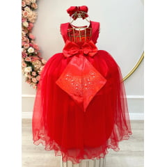 Vestido Infantil Damas de Honra Longo Vermelho C/ Pérolas