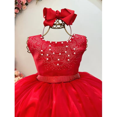 Vestido Infantil Damas de Honra Longo Vermelho C/ Pérolas