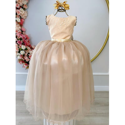 Vestido Infantil Dourado Damas de Honra Longo Com Pérolas