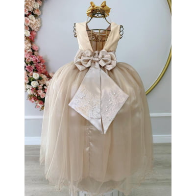Vestido Infantil Dourado Damas de Honra Longo Com Pérolas