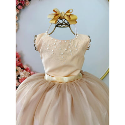 Vestido Infantil Dourado Damas de Honra Longo Com Pérolas