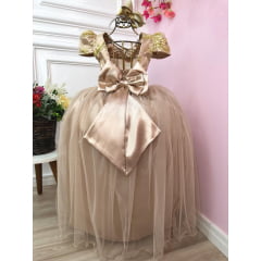 Vestido Infantil Dourado Longo Damas C/ Renda Realeza Metalizada