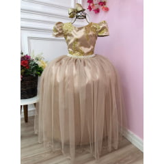 Vestido Infantil Dourado Longo Damas C/ Renda Realeza Metalizada