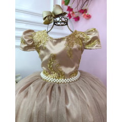 Vestido Infantil Dourado Longo Damas C/ Renda Realeza Metalizada