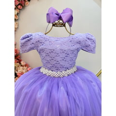 Vestido Infantil Lilás C/ Renda Realeza e Pérolas Damas