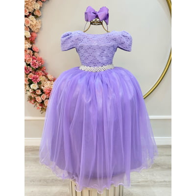 Vestido Infantil Lilás C/ Renda Realeza e Pérolas Damas