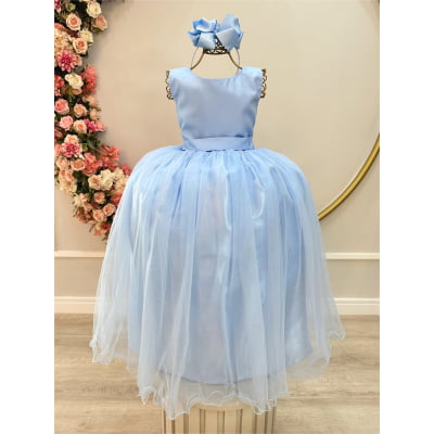 Vestido Infantil Longo Azul Bebê Claro Daminhas Festas Luxo