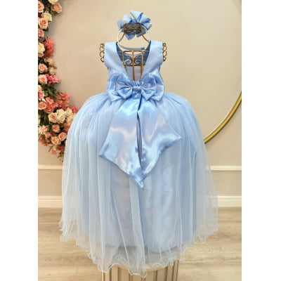 Vestido Infantil Longo Azul Bebê Claro Daminhas Festas Luxo