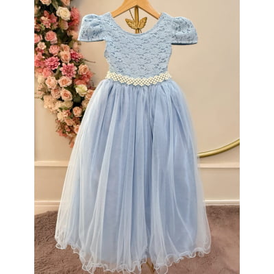 Vestido Infantil Longo Azul C/ Renda Daminhas Festa Luxo