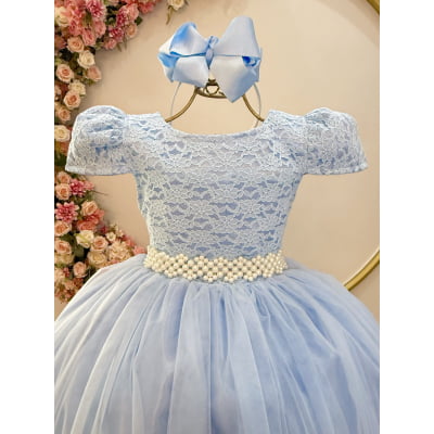 Vestido Infantil Longo Azul C/ Renda Daminhas Festa Luxo
