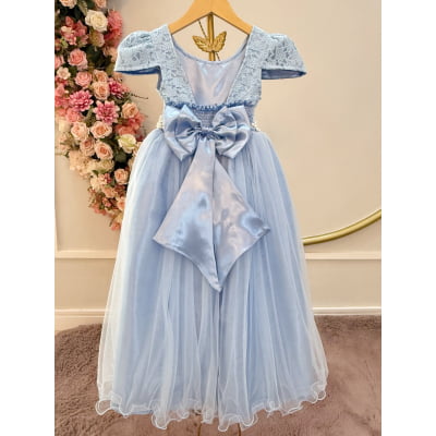Vestido Infantil Longo Azul C/ Renda Daminhas Festa Luxo