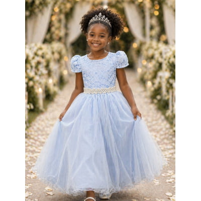 Vestido Infantil Longo Azul C/ Renda Daminhas Festa Luxo