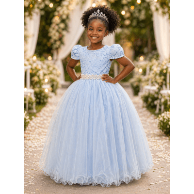 Vestido Infantil Longo Azul C/ Renda Daminhas Festa Luxo