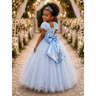 Vestido Infantil Longo Azul C/ Renda Daminhas Festa Luxo